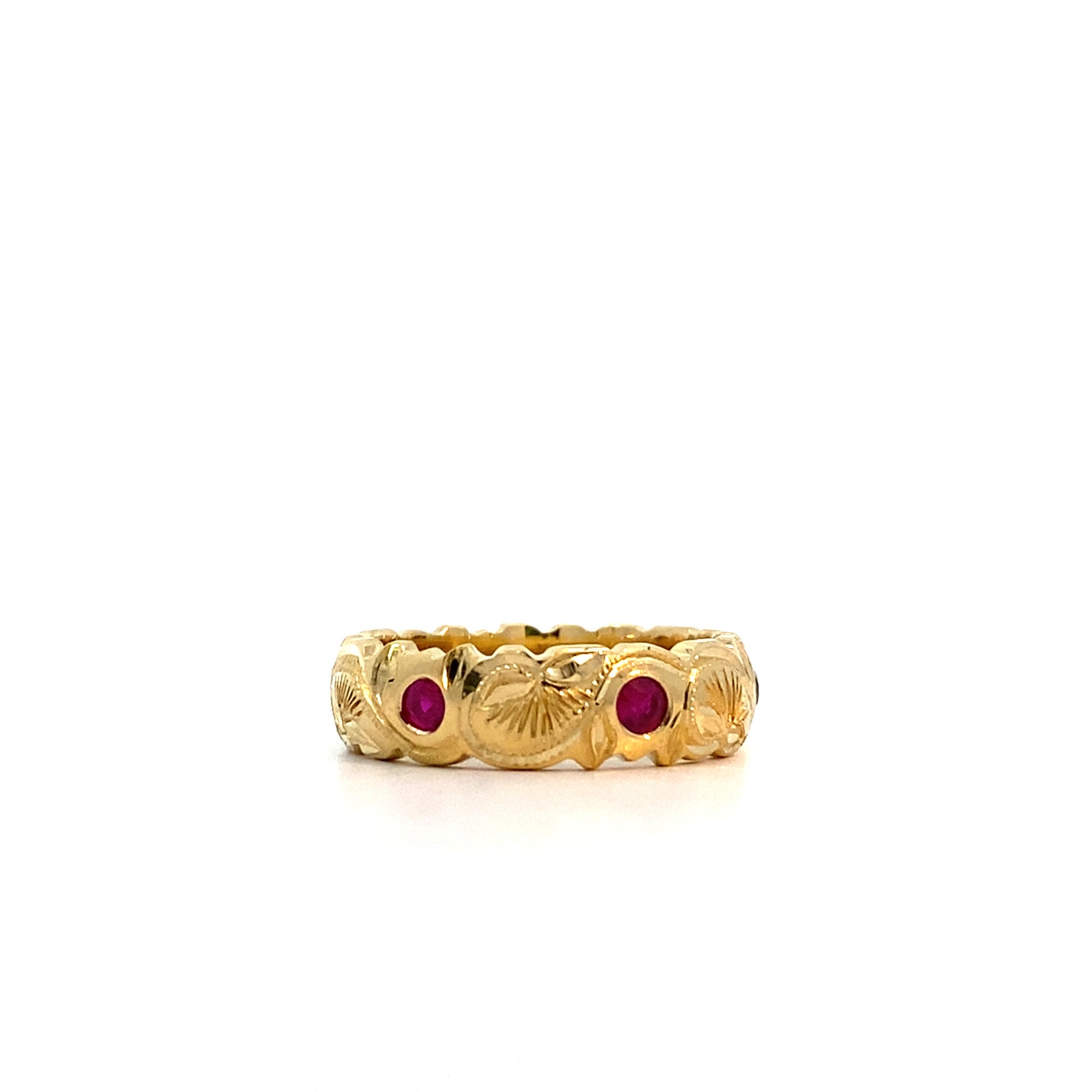 Lehua Blossom 18K Yellow Gold 6mm Barrel Heavy Pua Lehua Kalai Kula Ruby R.60tw sz8