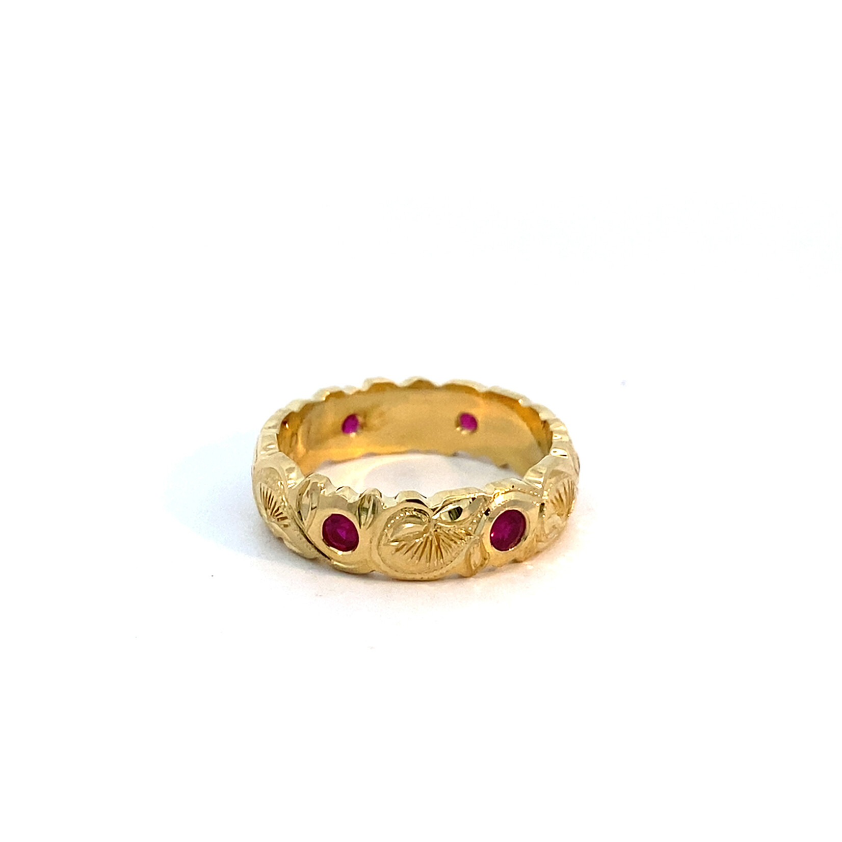 Lehua Blossom 18K Yellow Gold 6mm Barrel Heavy Pua Lehua Kalai Kula Ruby R.60tw sz8