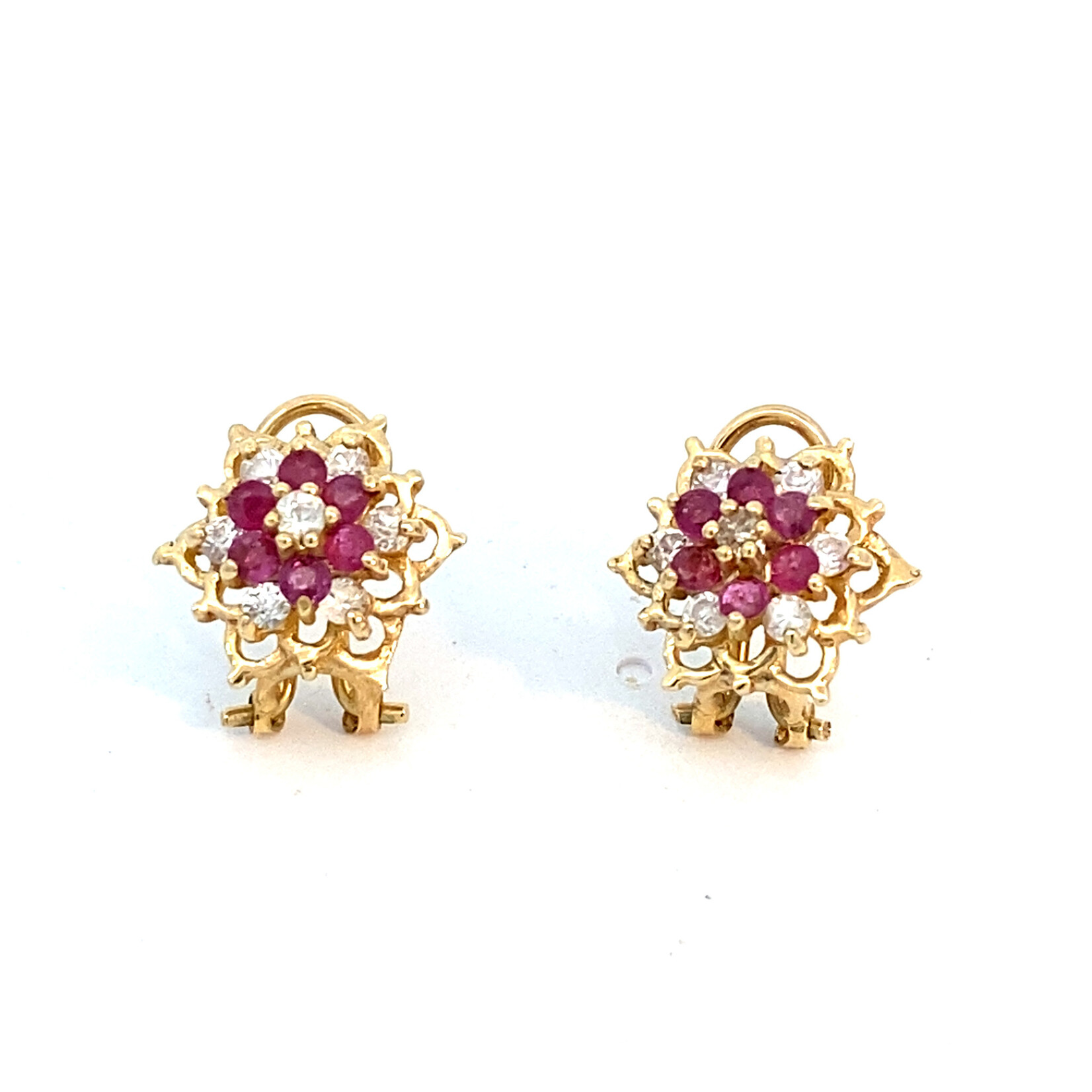 14K Yellow Gold Ruby and Diamond Flower Earrings on Omega-backsD+/-.1.10ctw