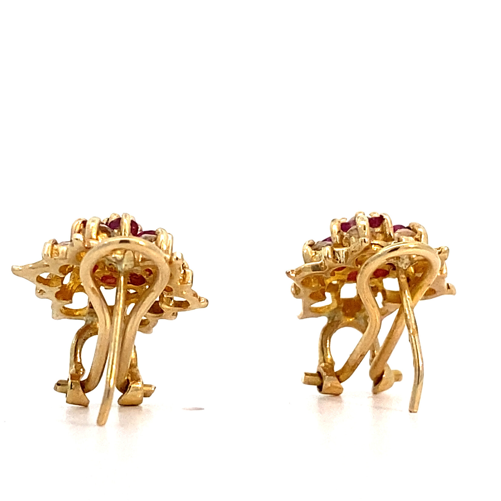 14K Yellow Gold Ruby and Diamond Flower Earrings on Omega-backsD+/-.1.10ctw