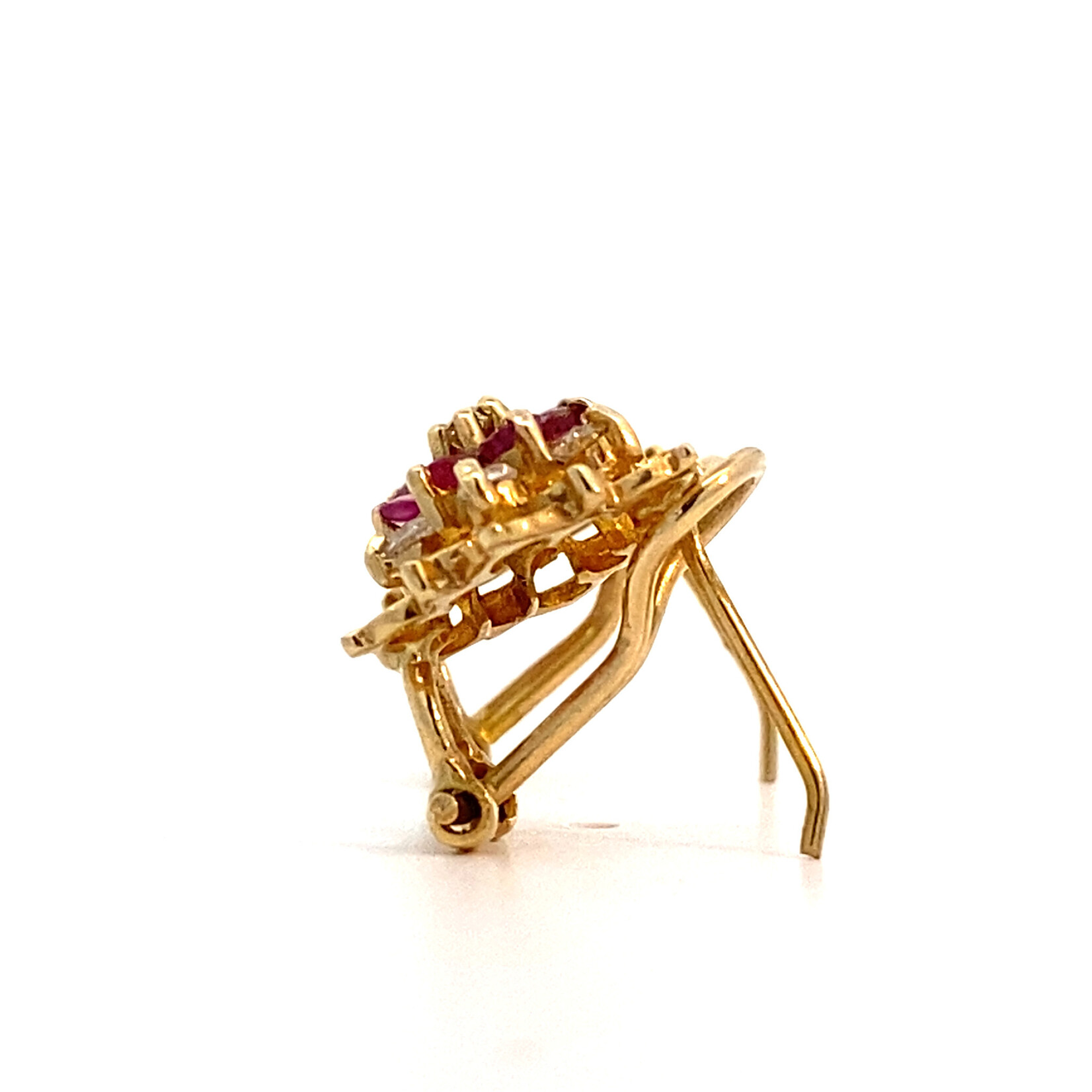 14K Yellow Gold Ruby and Diamond Flower Earrings on Omega-backsD+/-.1.10ctw