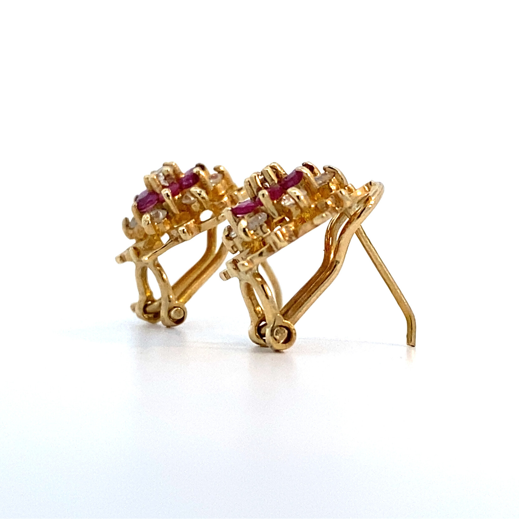 14K Yellow Gold Ruby and Diamond Flower Earrings on Omega-backsD+/-.1.10ctw