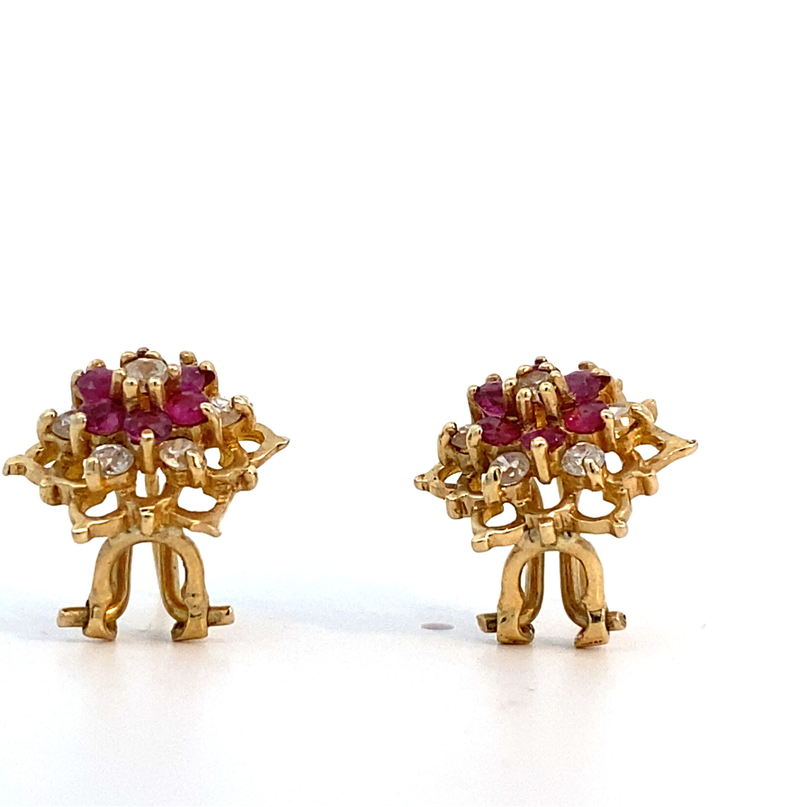 14K Yellow Gold Ruby and Diamond Flower Earrings on Omega-backsD+/-.1.10ctw