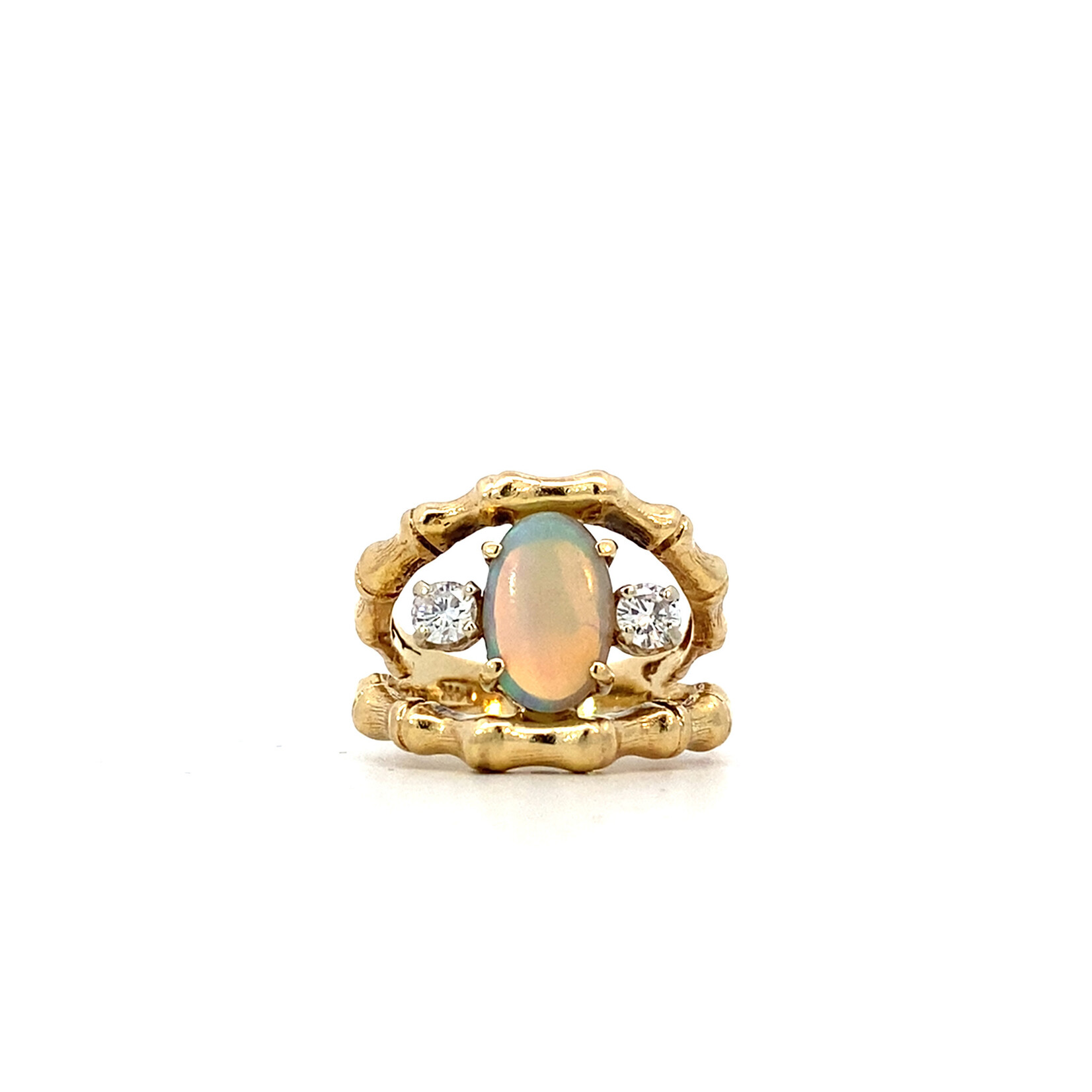 14K Yellow Gold Opal & Diamond Bamboo Split Ring size 4.75 D+/-.33ctw