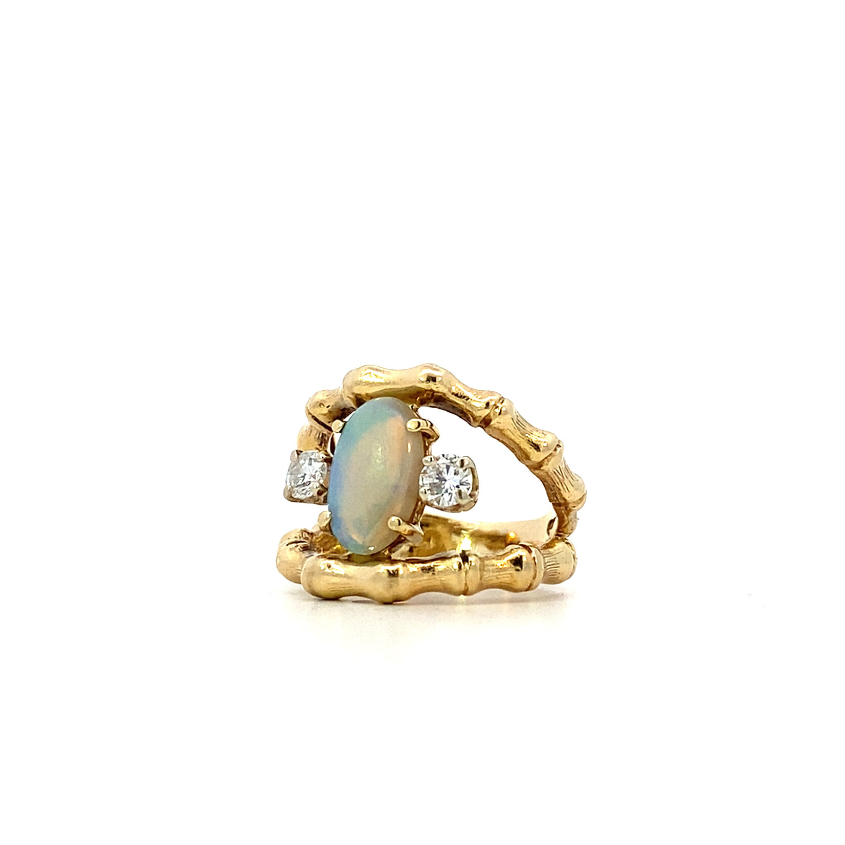 14K Yellow Gold Opal & Diamond Bamboo Split Ring size 4.75 D+/-.33ctw