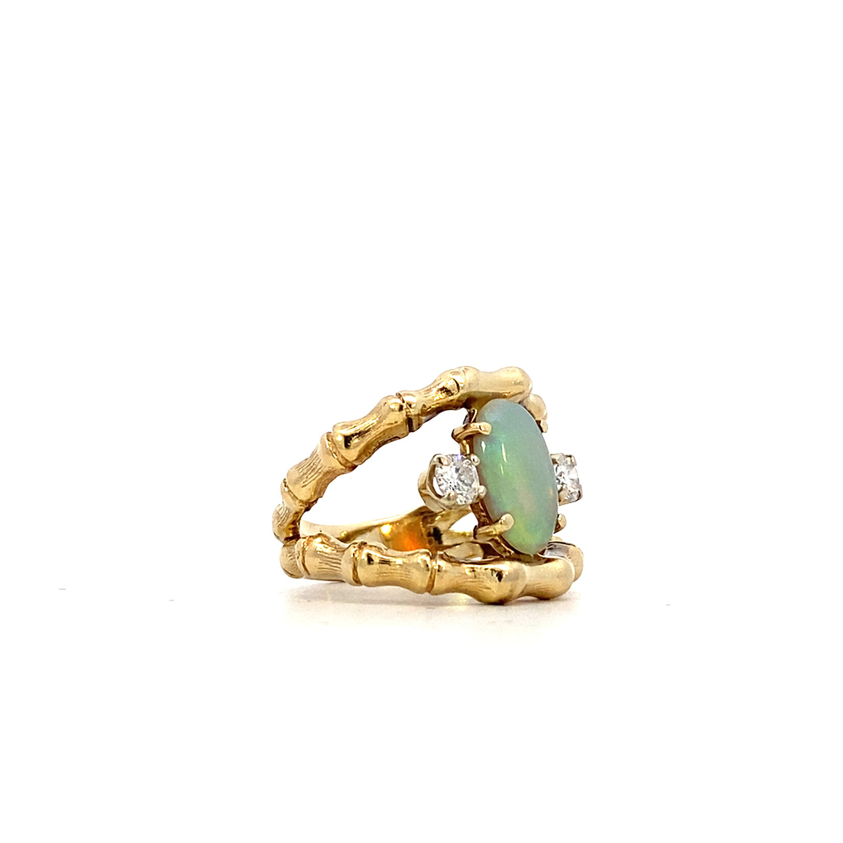 14K Yellow Gold Opal & Diamond Bamboo Split Ring size 4.75 D+/-.33ctw