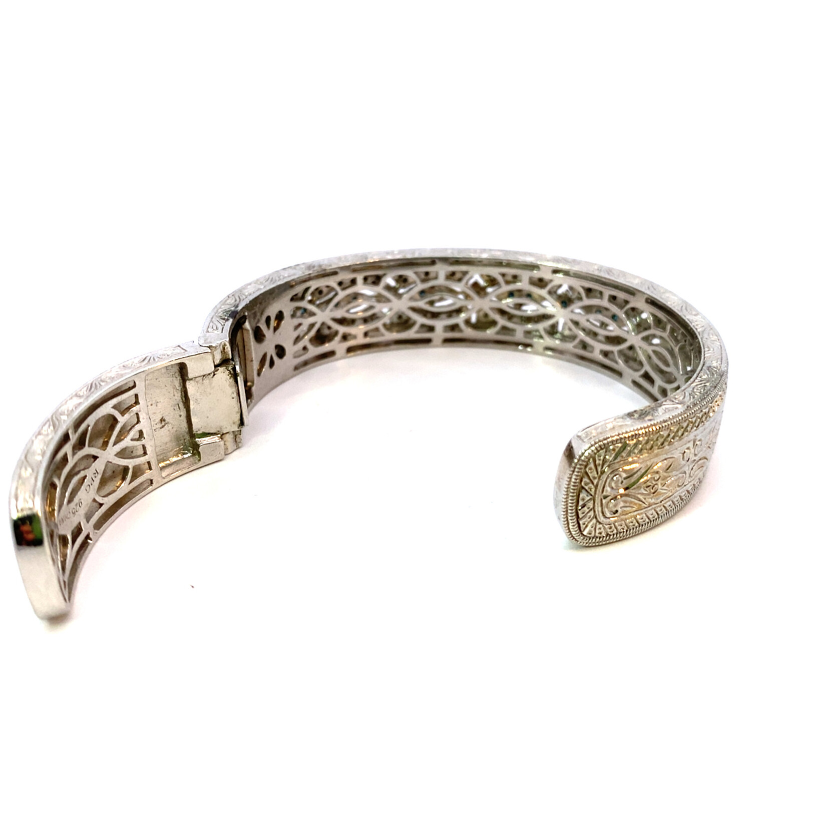 Sterling Silver Blue and White Diamond Hinged Cuff .75ctw