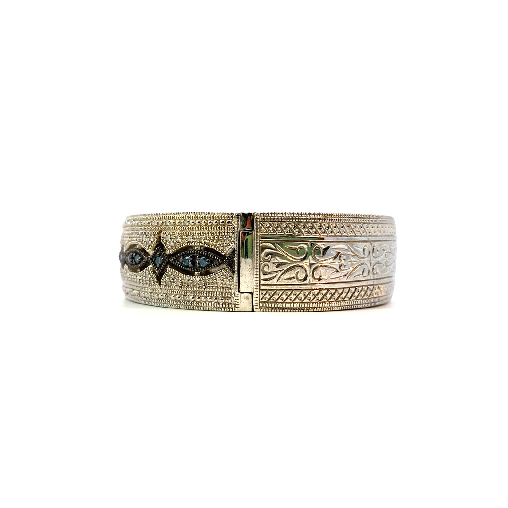 Sterling Silver Blue and White Diamond Hinged Cuff .75ctw