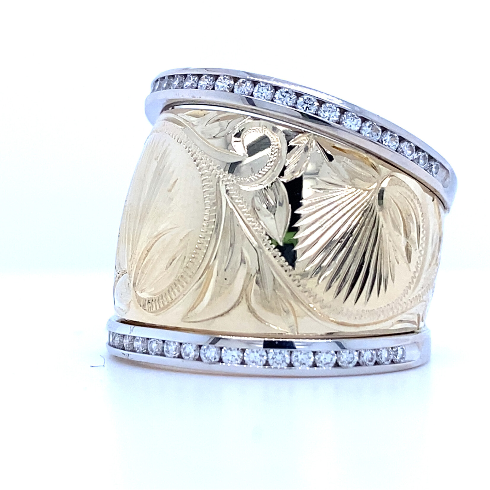 14K Two-tone 19mm Tapered  Lehua Blossom Diamond Ring