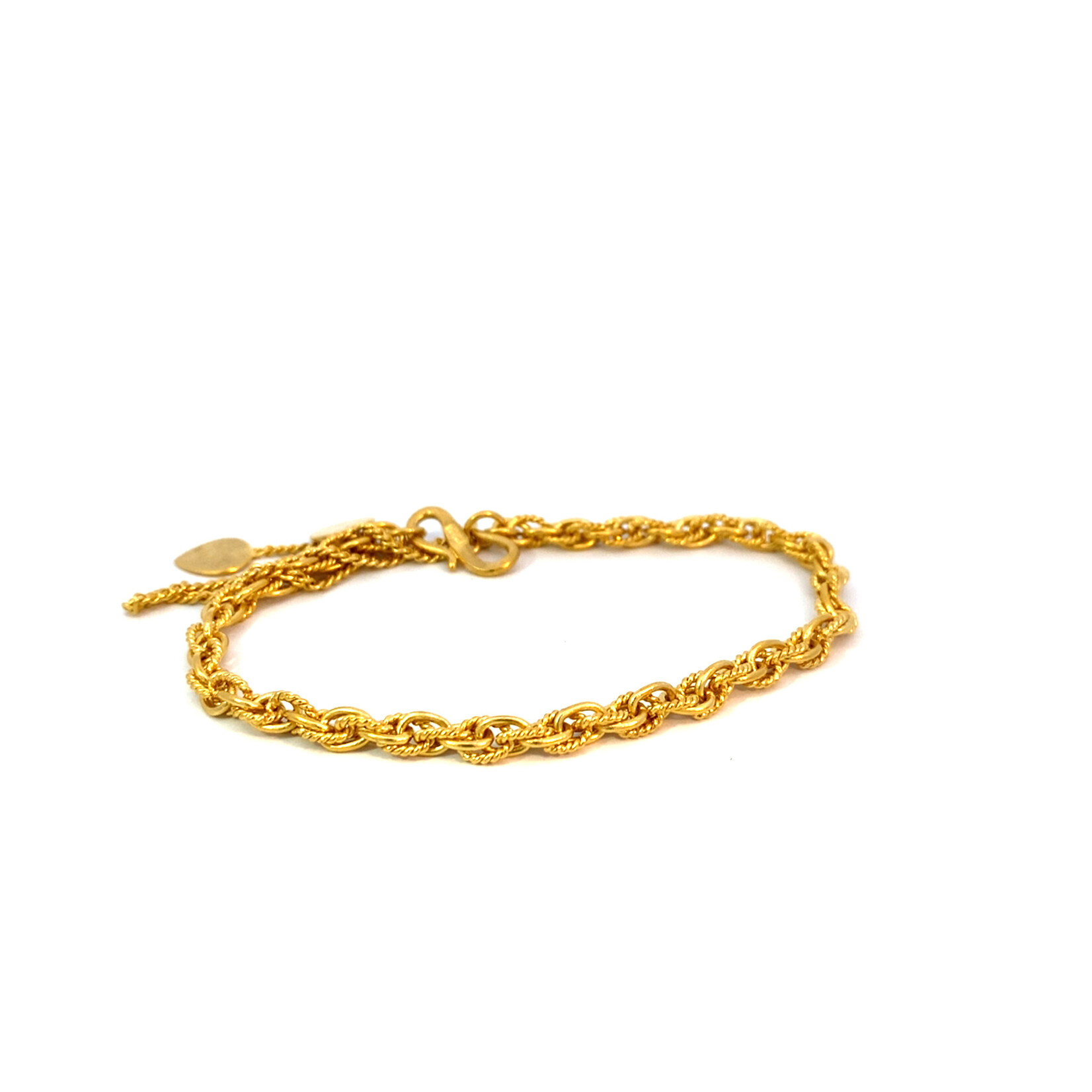 24K Yellow Gold 8" Braided Bracelet with Heart Safety Chain