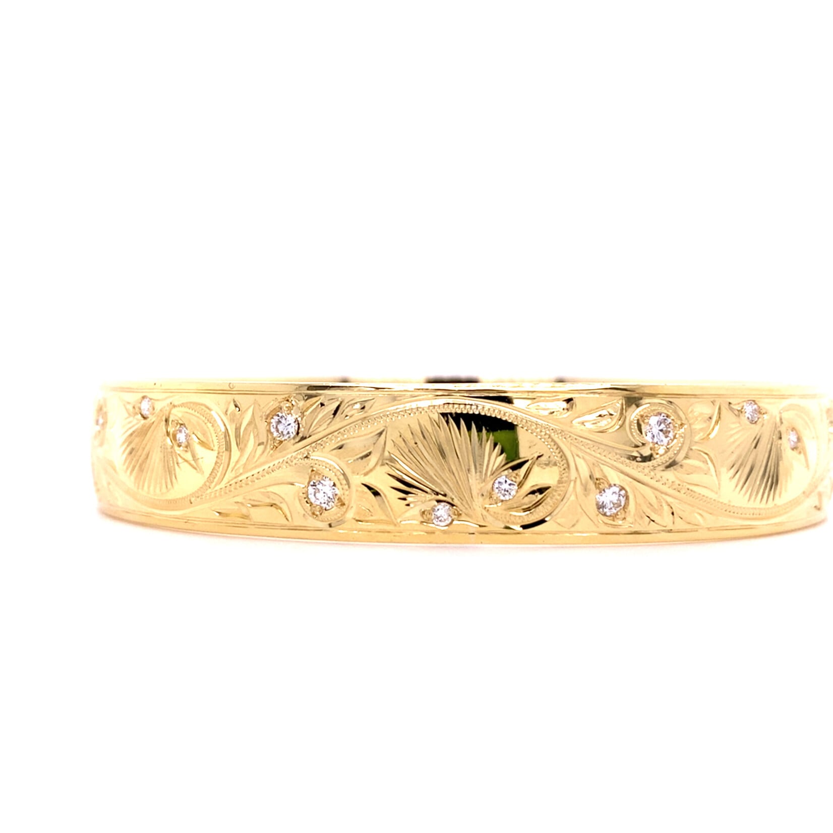 Lehua Blossom 18K Yellow Gold 12mm Barrel Heavy Lehua Blossom Bangle sz8 No Name