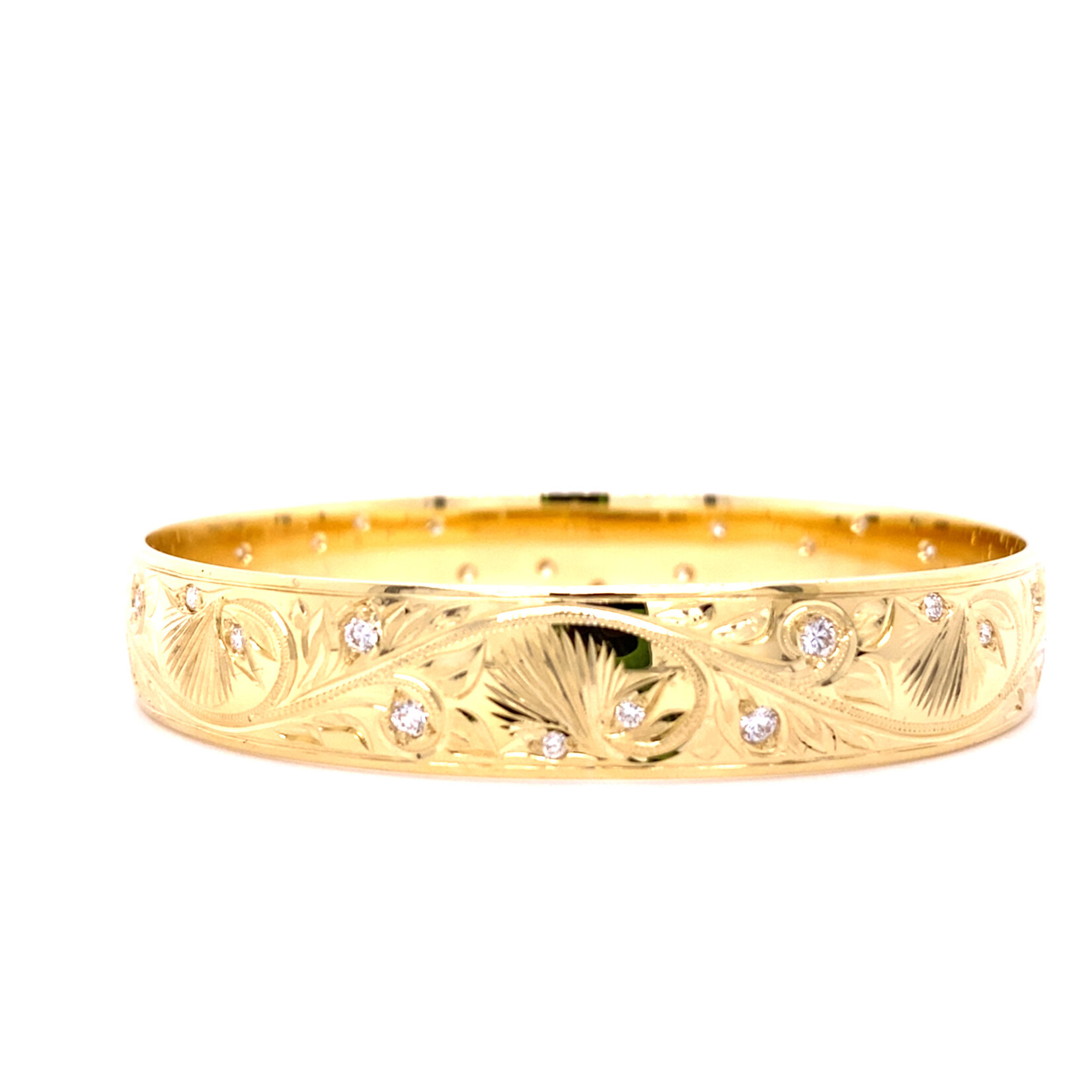 Lehua Blossom 18K Yellow Gold 12mm Barrel Heavy Lehua Blossom Bangle sz8 No Name