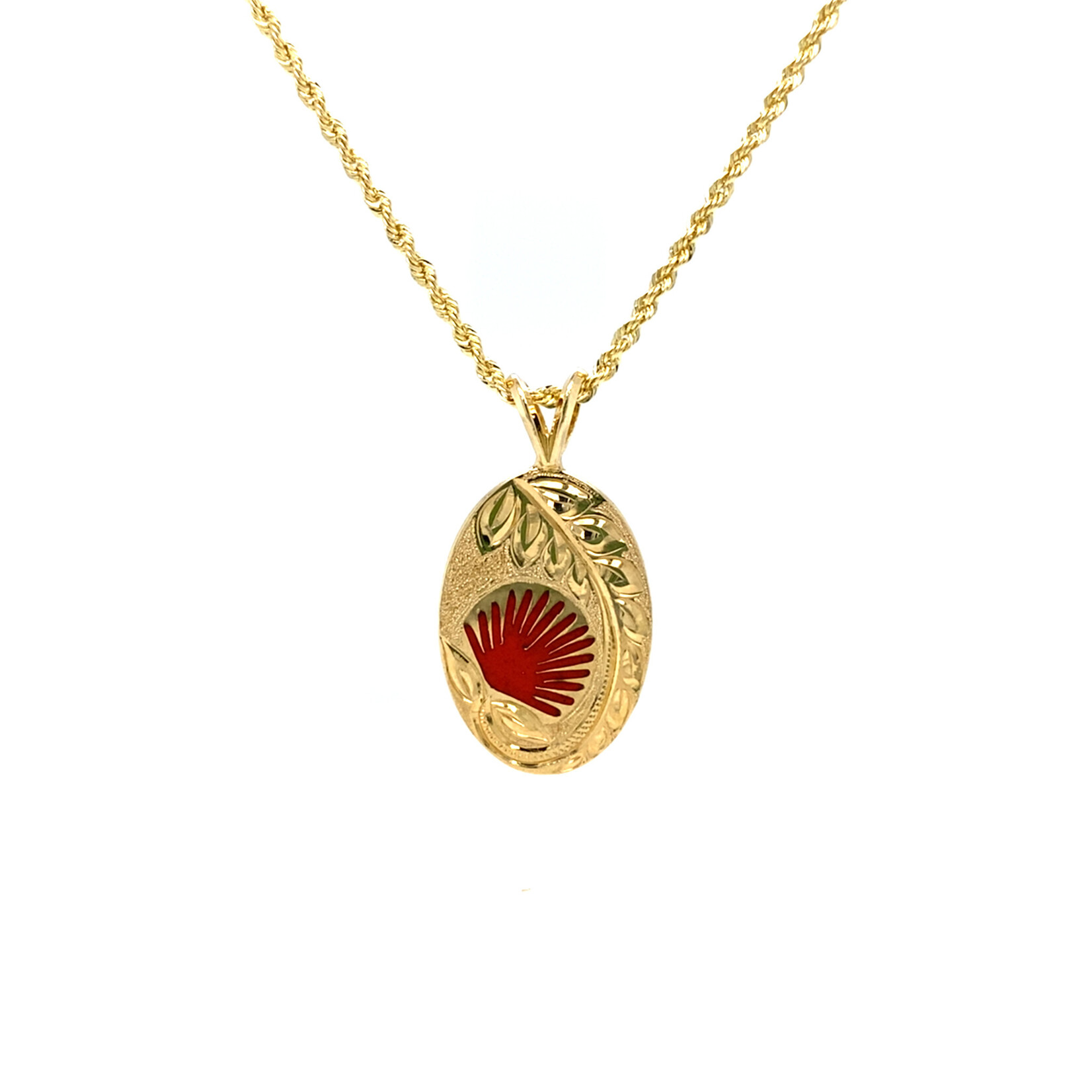 Ohia Lehua 14K Yellow Gold 22x15.25mm Oval Ohia Lehua with Red Enamel Pendant