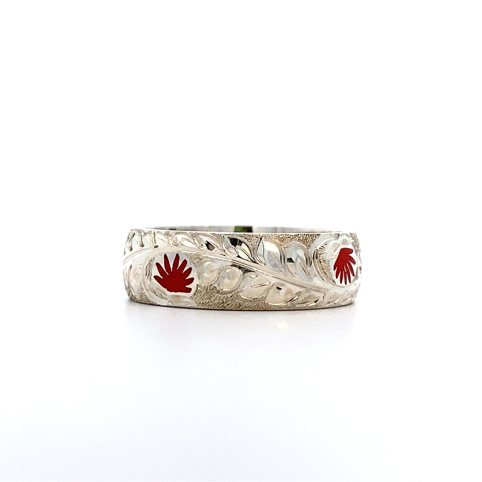 Ohia Lehua Sterling Silver Ohia Lehua with Red Glass Enamel Ring