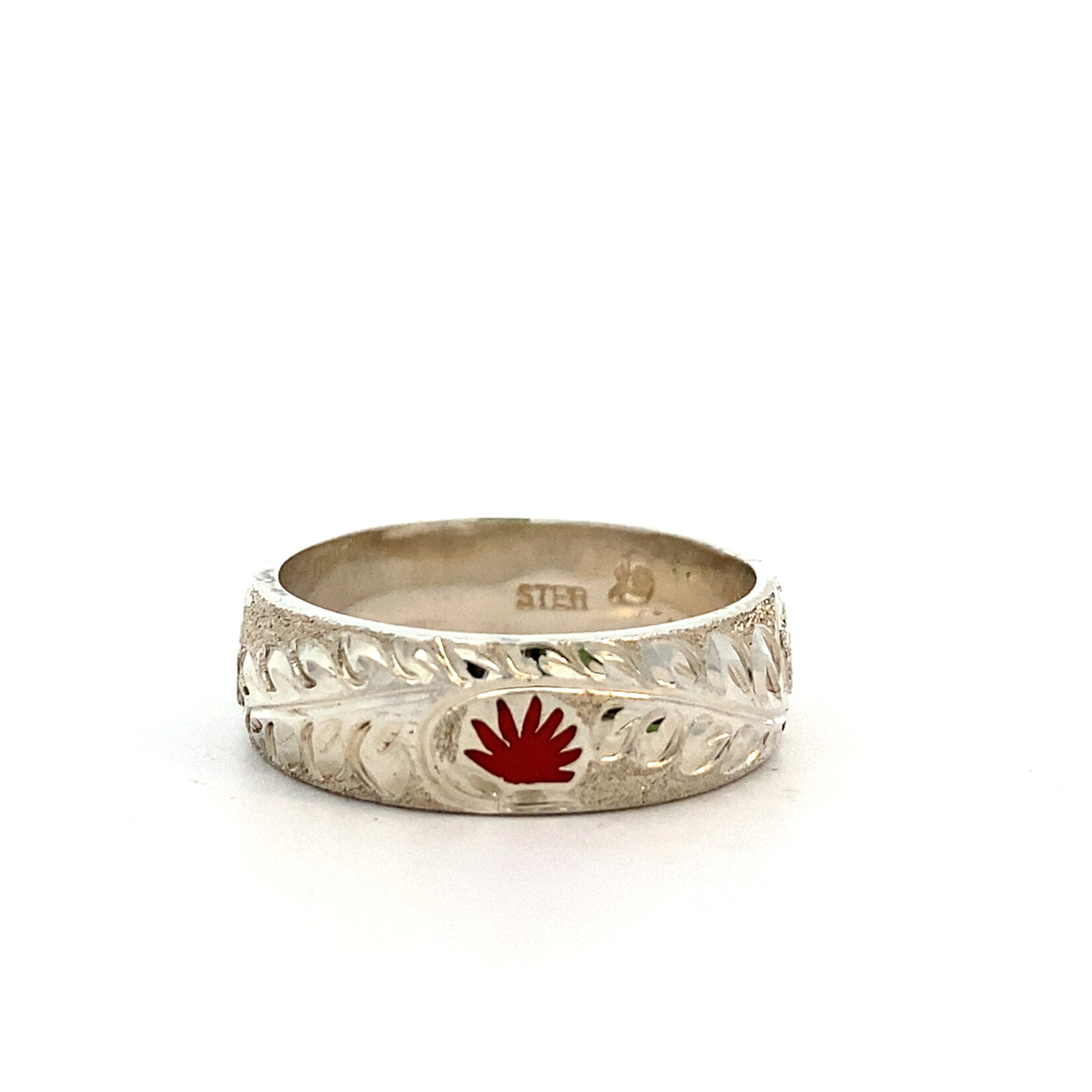 Ohia Lehua Sterling Silver Ohia Lehua with Red Glass Enamel Ring
