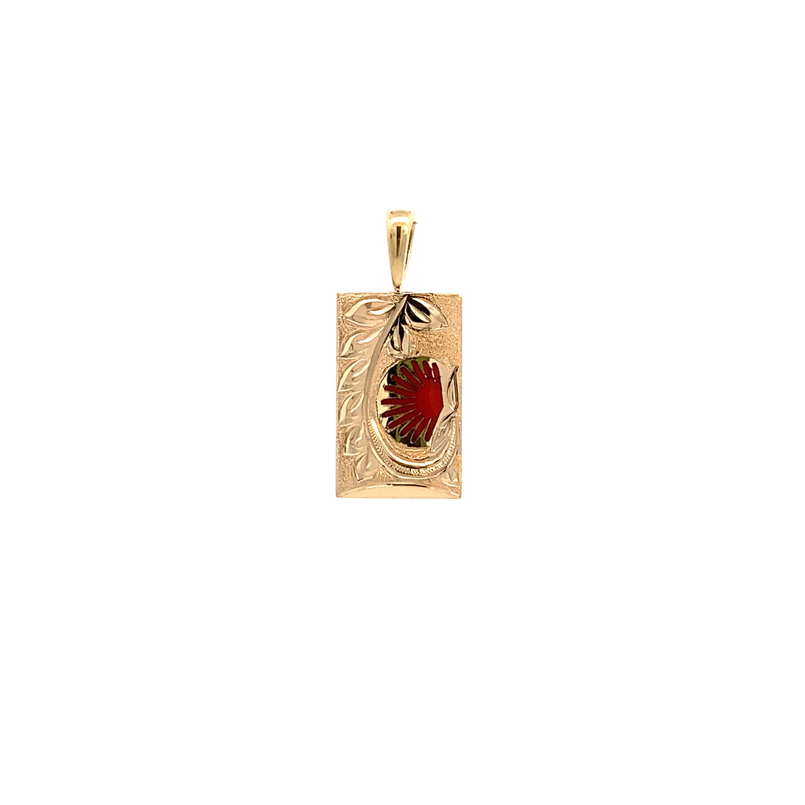 Ohia Lehua 14K Yellow Gold 10mm Barrel 5/8" Ohia Lehua Red Glass Enamel Pendant