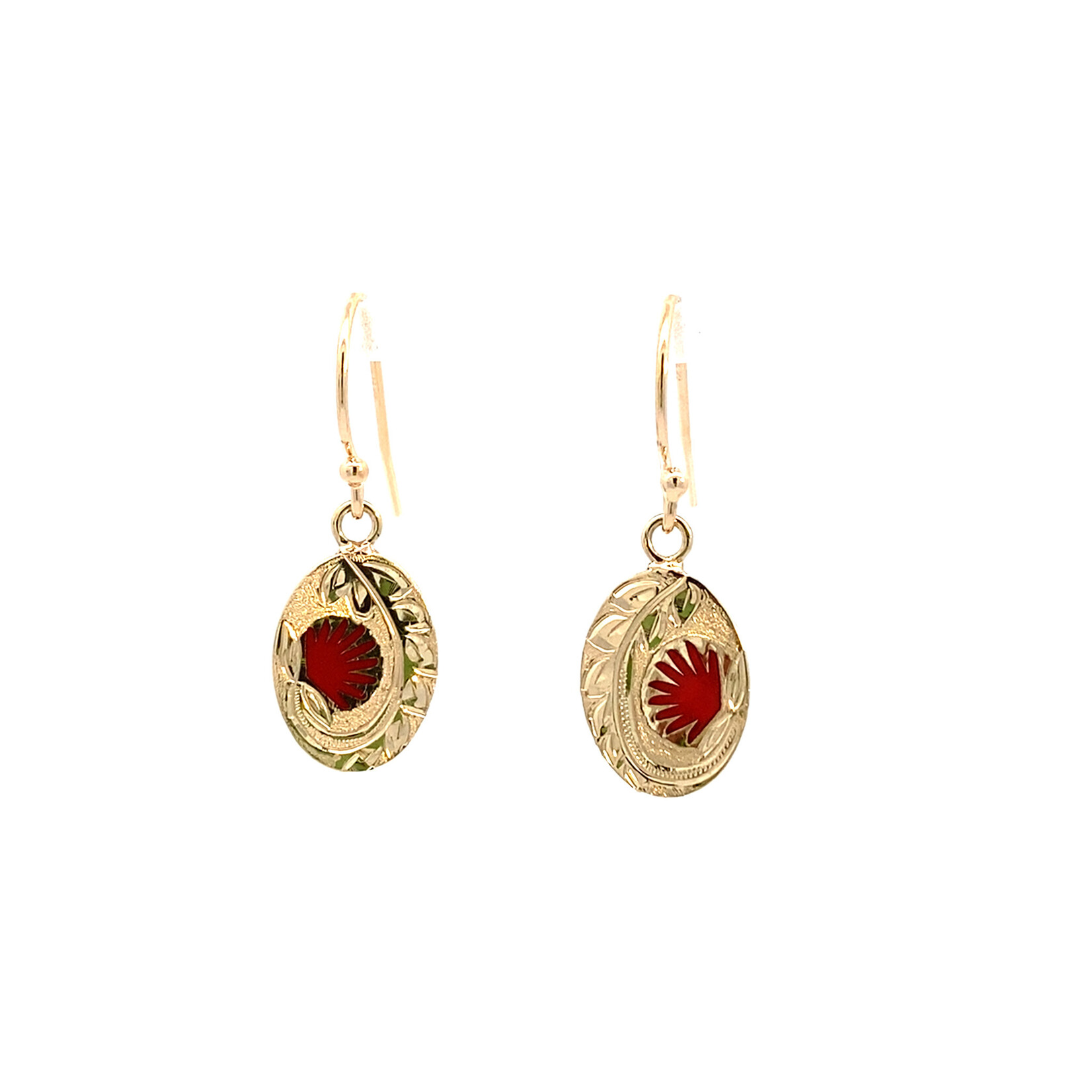 Ohia Lehua 14K Yellow Gold 12x9mm Mini Oval Ohia Lehua with Red Glass Enamel Dangles