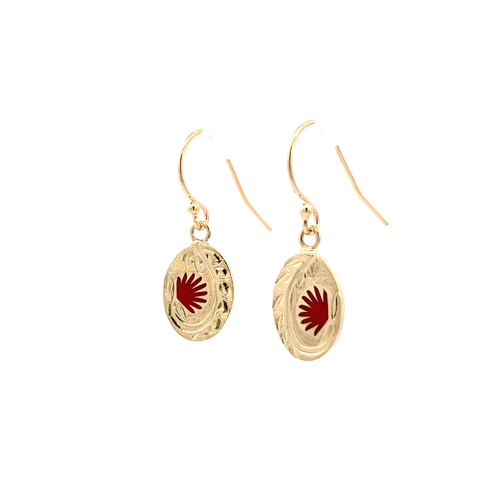 Ohia Lehua 14K Yellow Gold 12x9mm Mini Oval Ohia Lehua with Red Glass Enamel Dangles