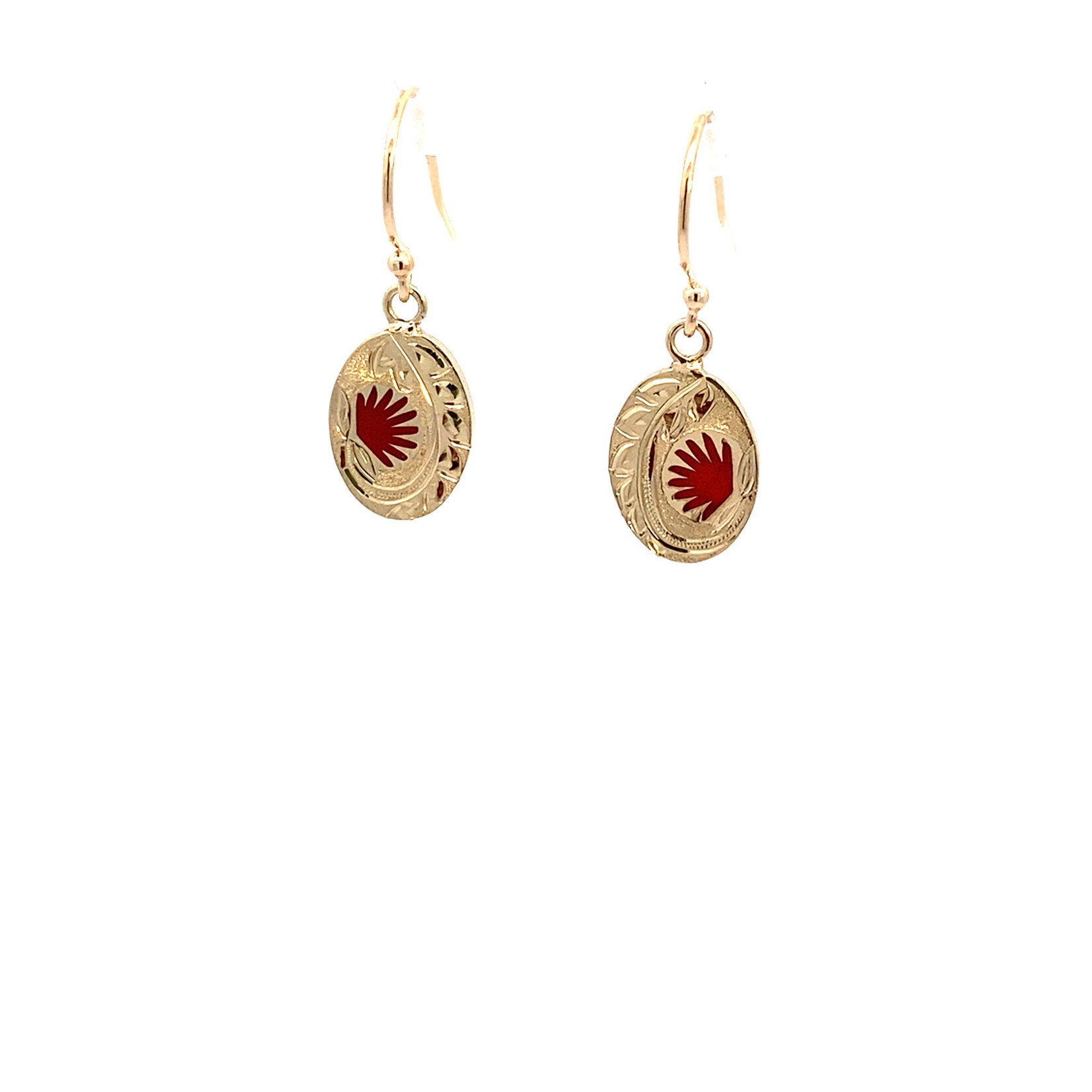 Ohia Lehua 14K Yellow Gold 12x9mm Mini Oval Ohia Lehua with Red Glass Enamel Dangles