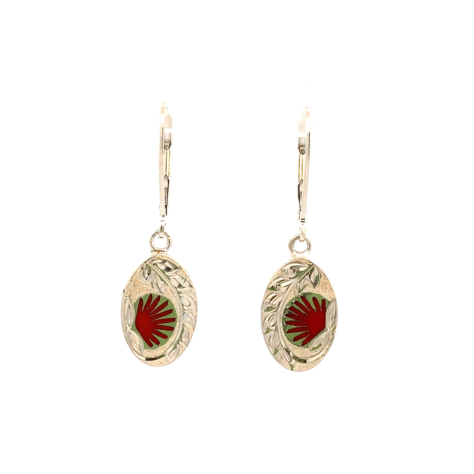 Sterling Silver 13.5x9.25mm Oval Ohia Lehua with Red Glass Enamel Dangles