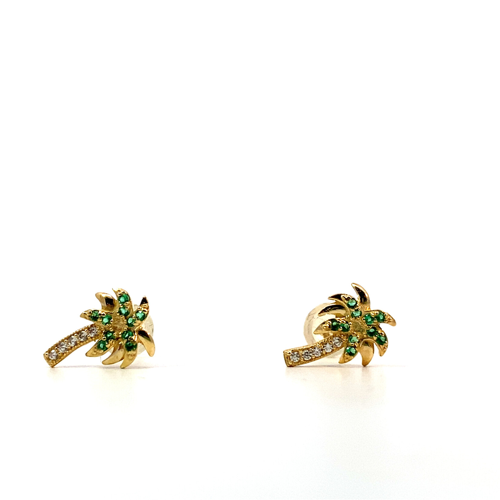 Quality Gold 14K Yellow Gold Green & Clear CZ Palm Tree Post Earrings