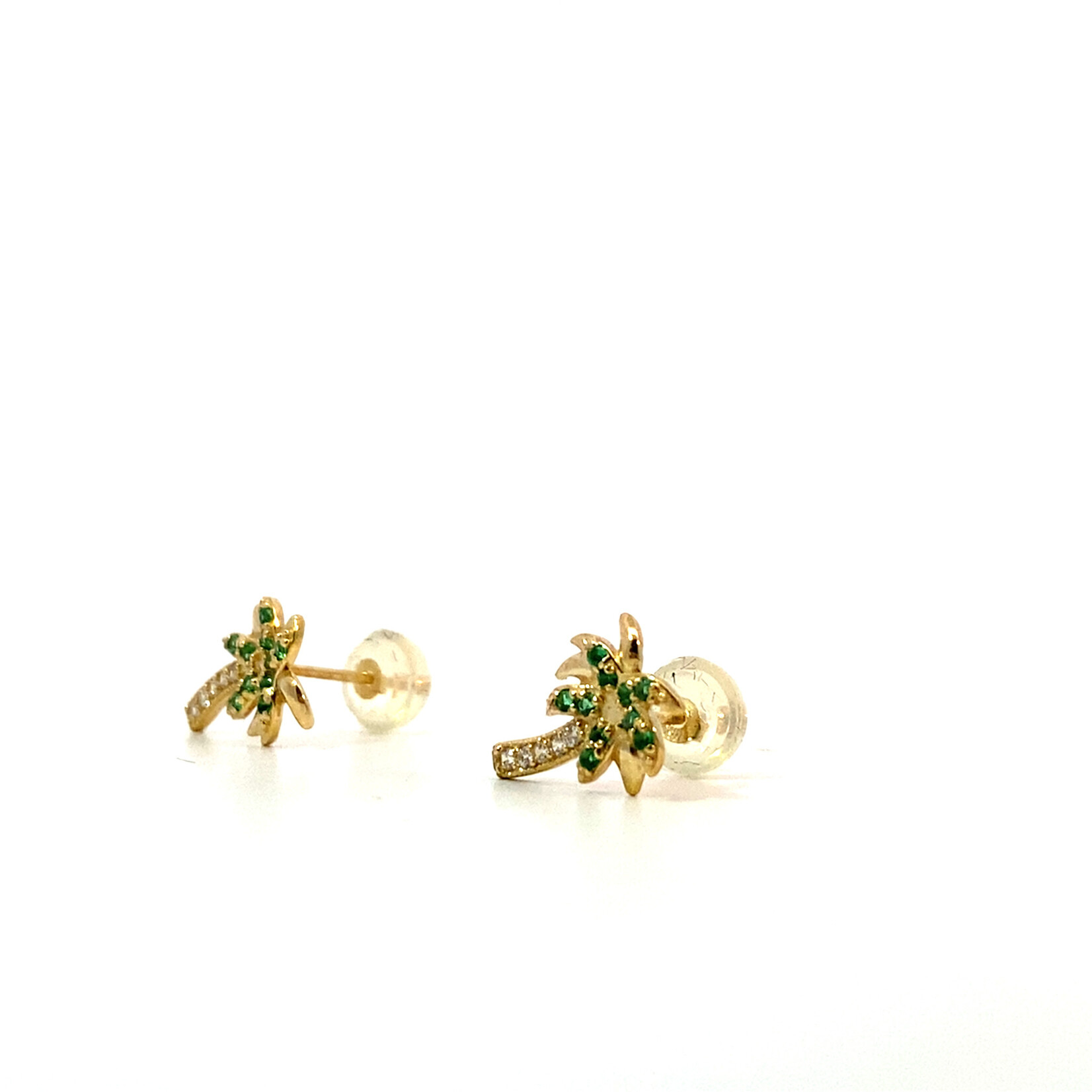 Quality Gold 14K Yellow Gold Green & Clear CZ Palm Tree Post Earrings