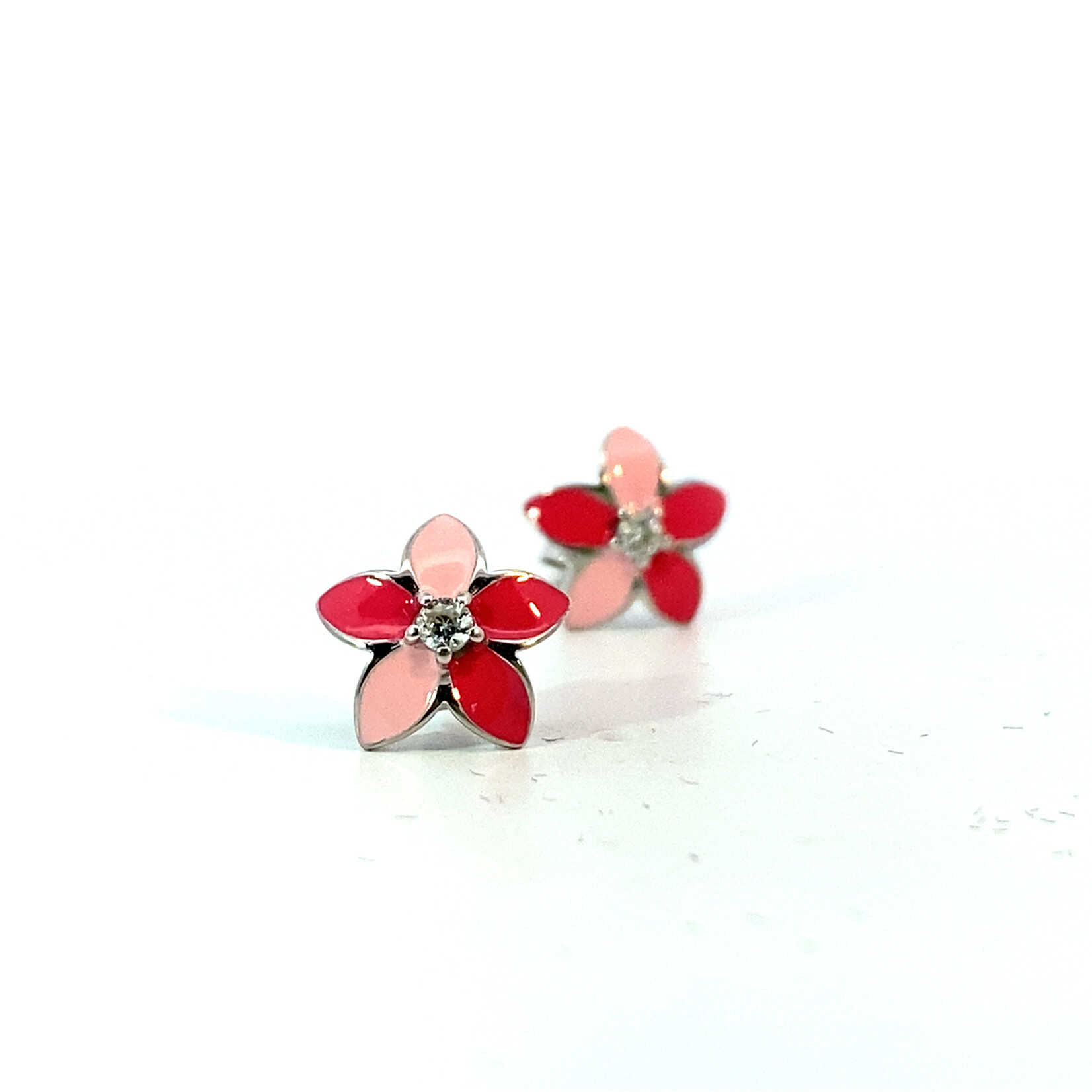 Sterling Silver Pink Enamel CZ Post Earrings