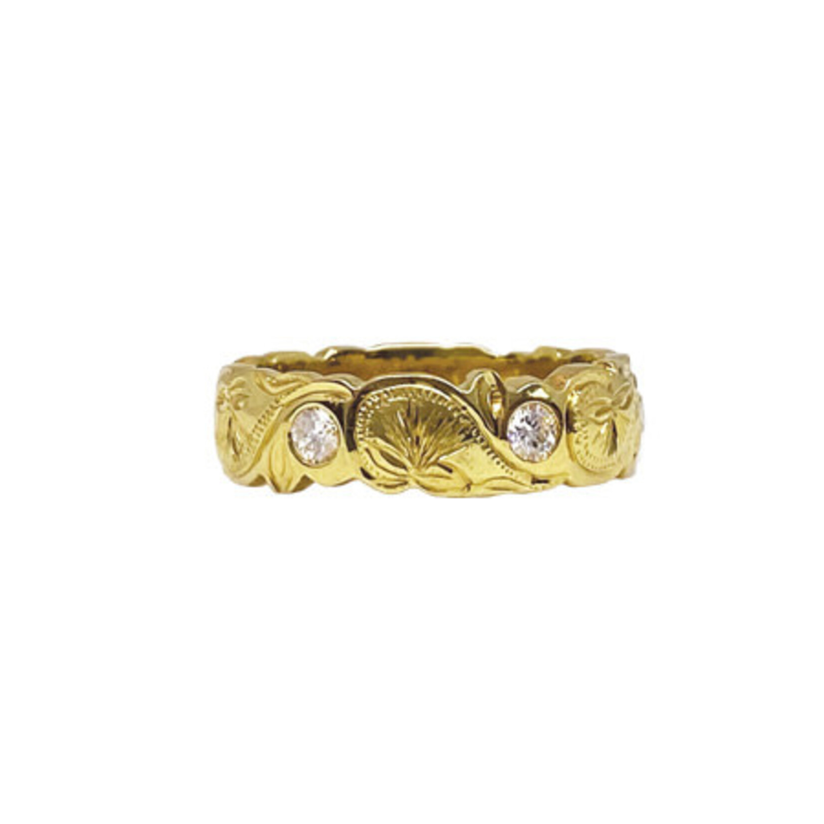 18K Yellow Gold 6mm Barrel Heavy Pua Lehua Kalai Kula  D.42tw sz7