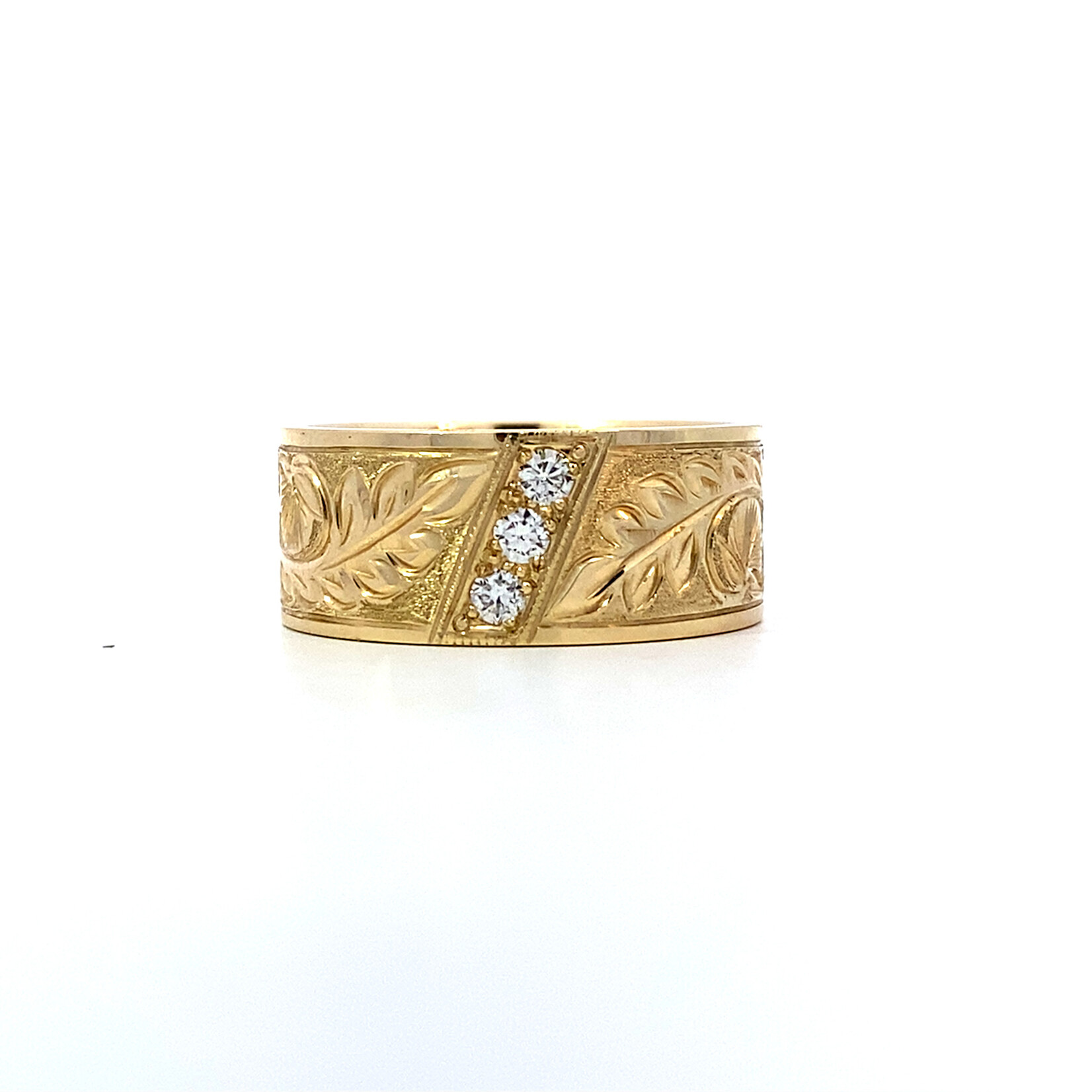 Ohia Lehua 14K Yellow Gold 10mm Flat Comfort FRDD Ohia Lehua with 3 diamonds D.21ct sz11.5