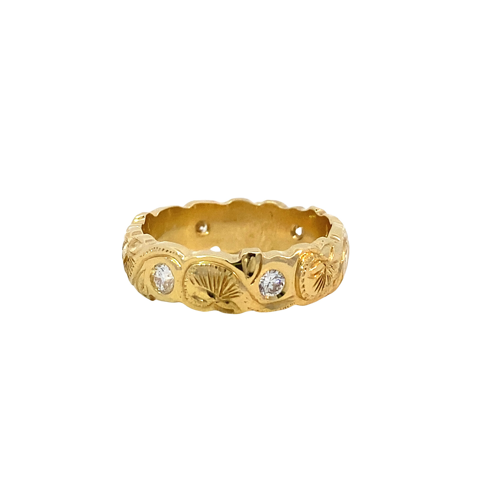 18K Yellow Gold 6mm Barrel Heavy Pua Lehua Kalai Kula  D.42tw sz7