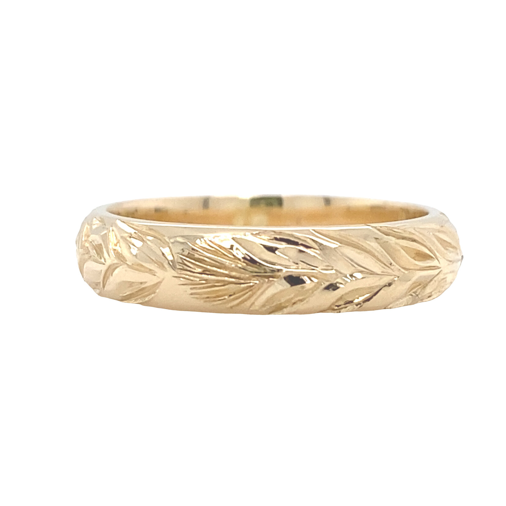 Ohia Lehua 14K Yellow Gold 4mm Barrel Medium Ohia Leaves with Lehua Blossom sz5