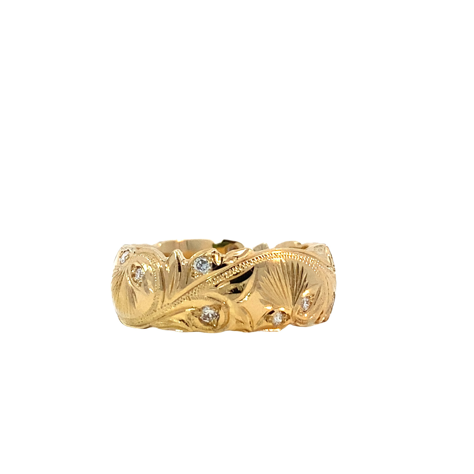 Lehua Blossom 18K Yellow Gold 8mm Barrel Heavy Lehua Blossom Kalai Kula Ring with diamonds D.27ctw sz8