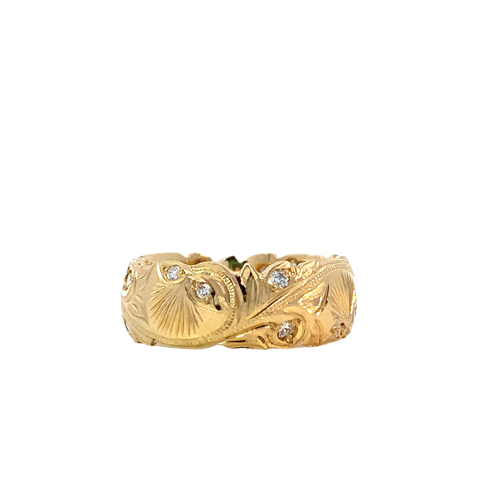 Lehua Blossom 18K Yellow Gold 8mm Barrel Heavy Lehua Blossom Kalai Kula Ring with diamonds D.27ctw sz8