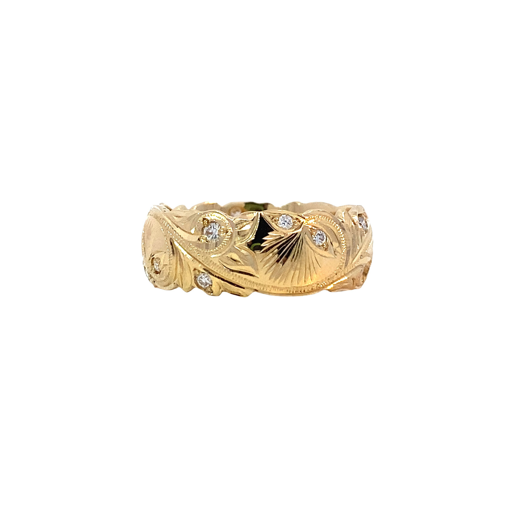 Lehua Blossom 18K Yellow Gold 8mm Barrel Heavy Lehua Blossom Kalai Kula Ring with diamonds D.27ctw sz8