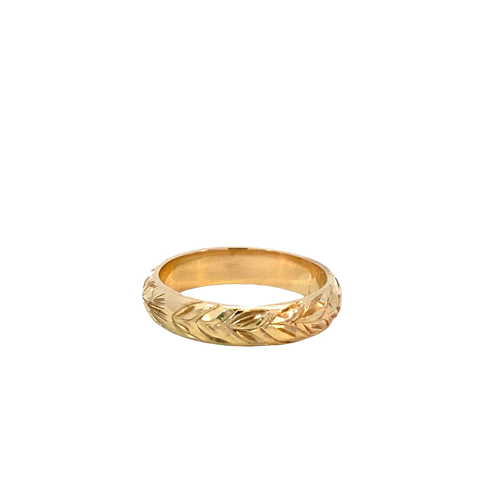 Ohia Lehua 14K Yellow Gold 4mm Barrel Medium Ohia Leaves with Lehua Blossom size 5