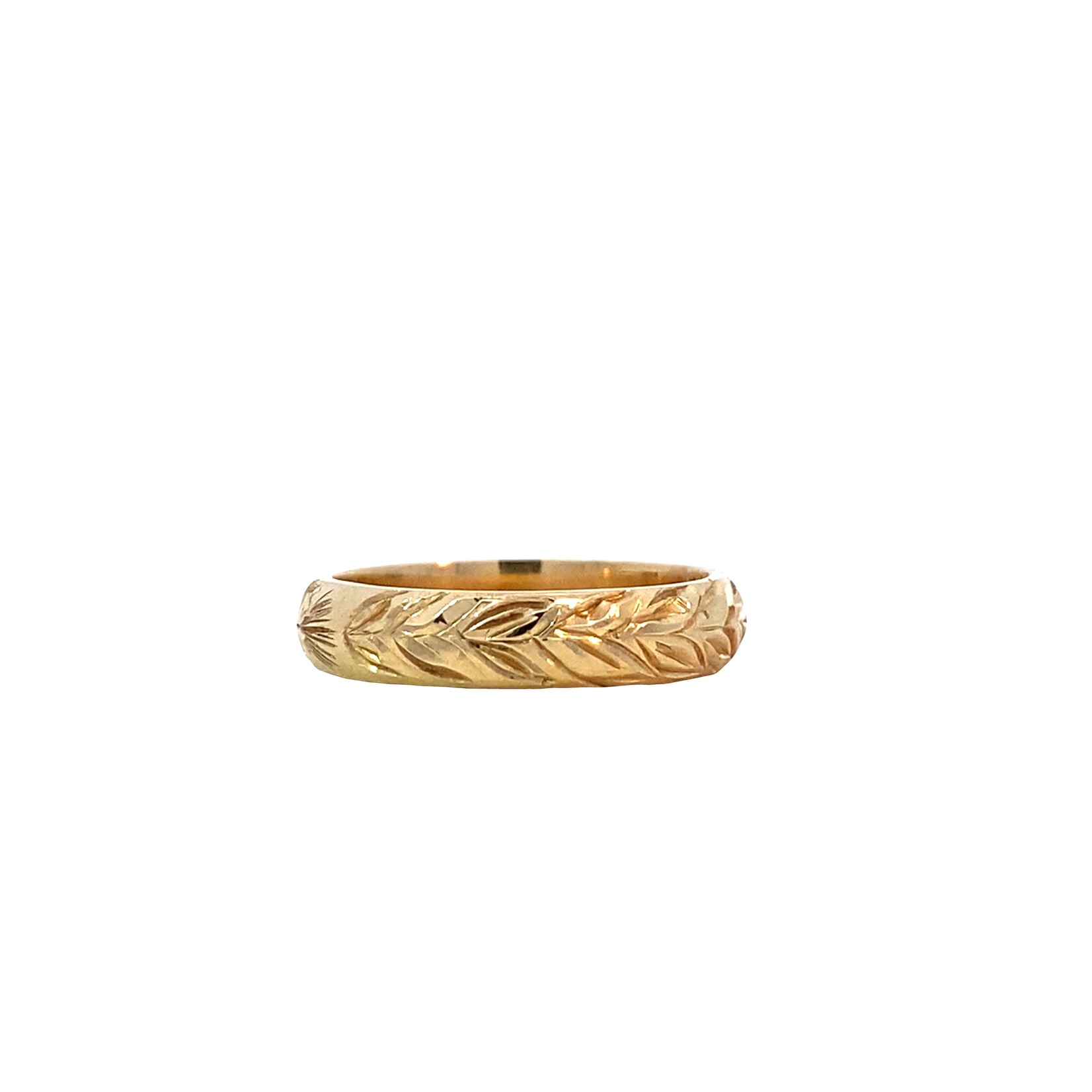 Ohia Lehua 14K Yellow Gold 4mm Barrel Medium Ohia Leaves with Lehua Blossom size 5