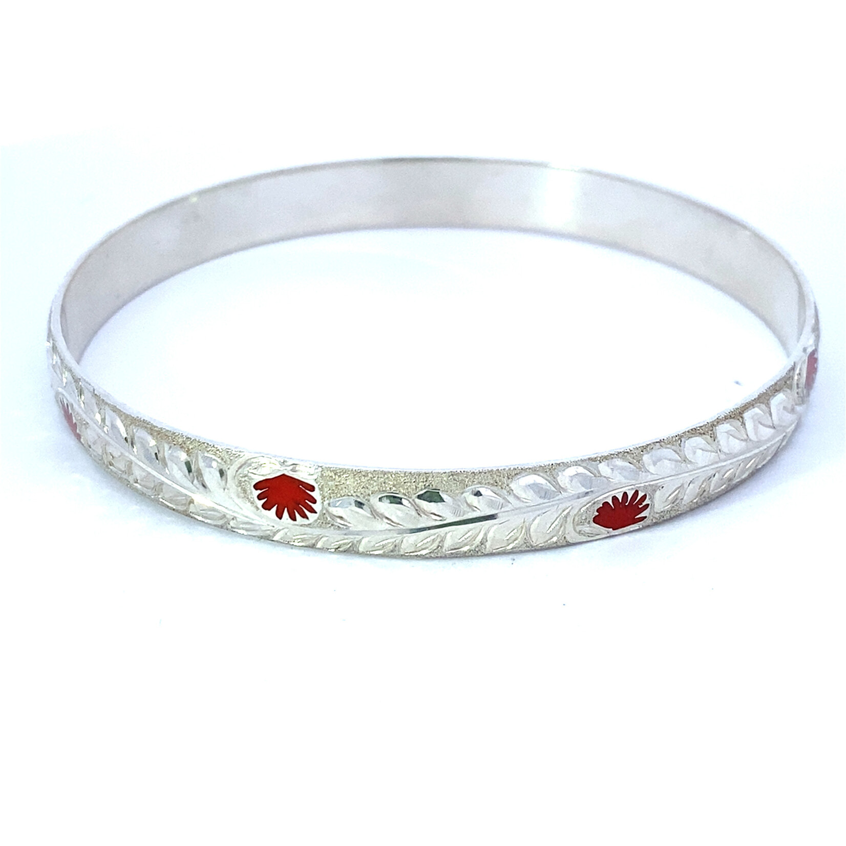 Ohia Lehua Sterling Silver Ohia Lehua with Red Glass Enamel Bracelet