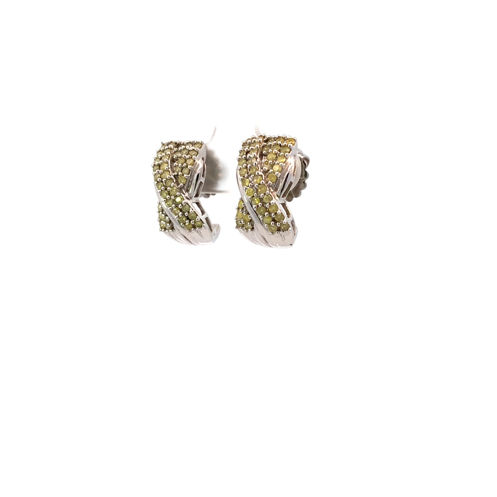 14K Yellow Gold Pave Criss Cross Yellow Diamond J Hoop Earrings (Dia Tested)