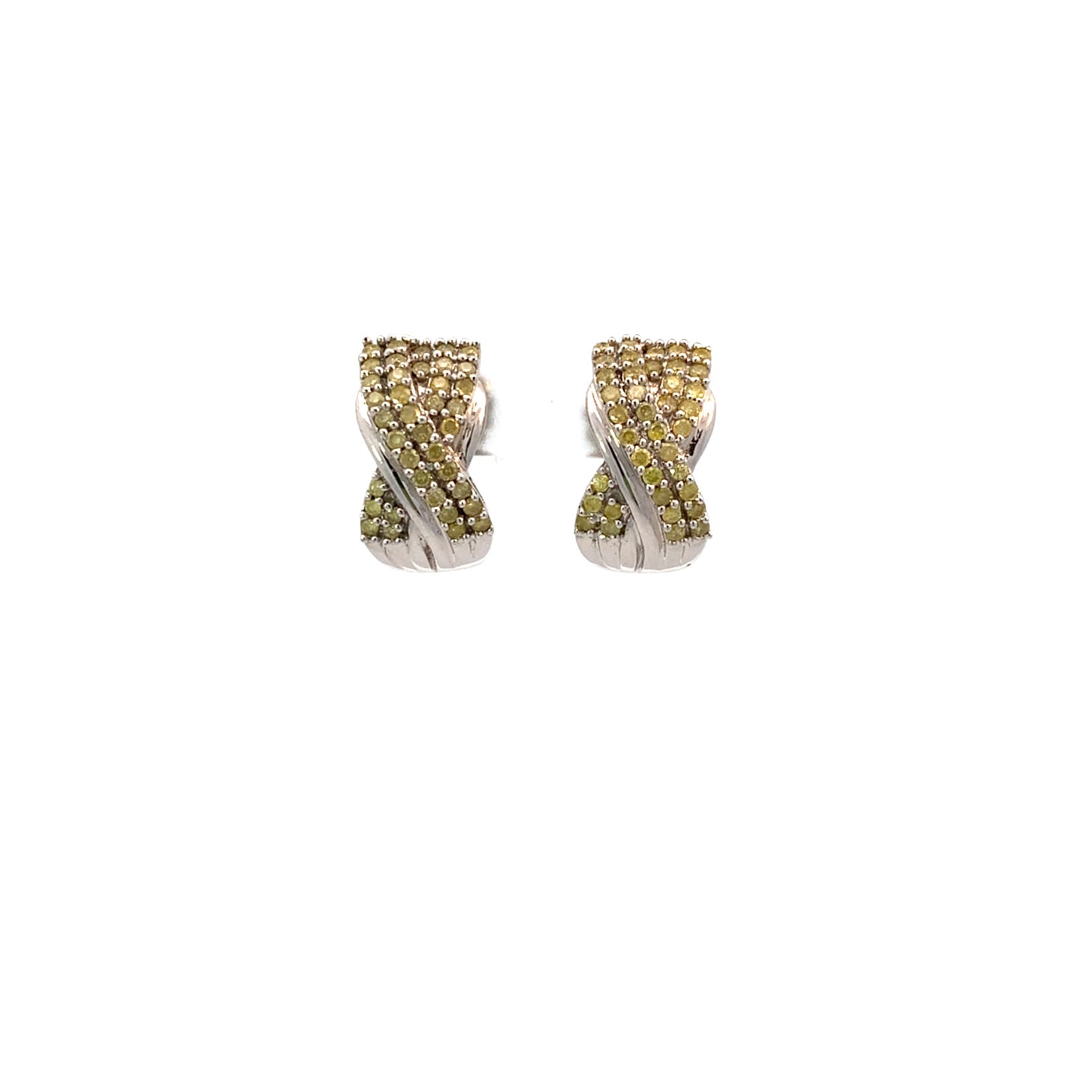14K Yellow Gold Pave Criss Cross Yellow Diamond J Hoop Earrings (Dia Tested)