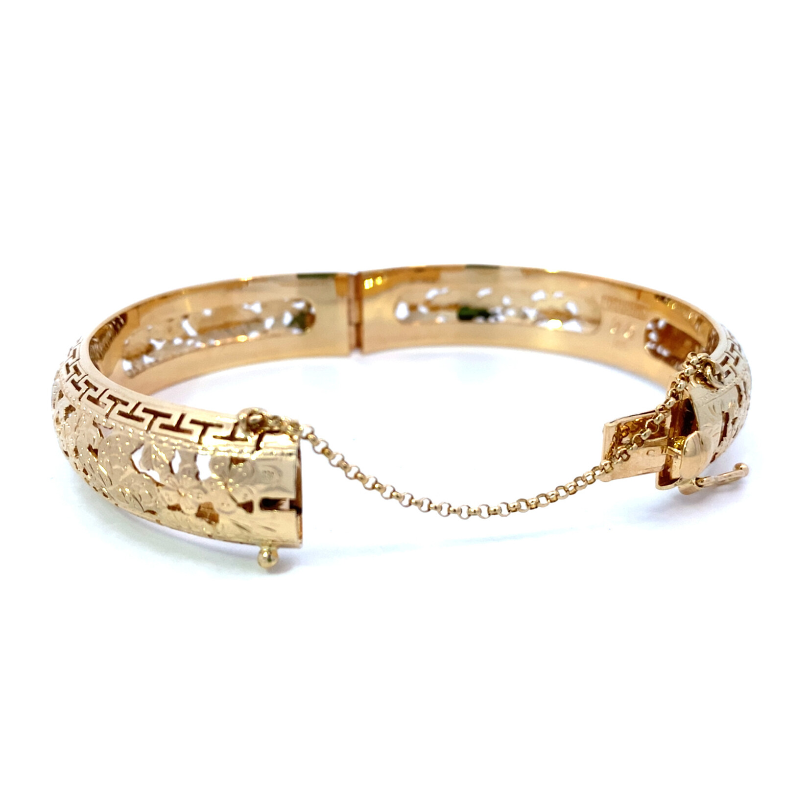 14K Yellow Gold 15mm Butterfly & Plum Blossom Hinge Bangle sz7.75