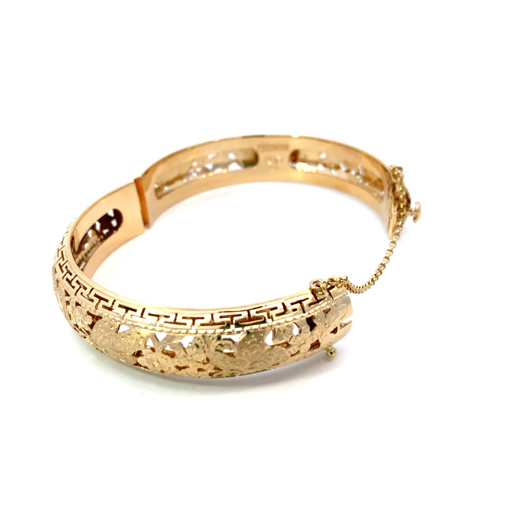 14K Yellow Gold 15mm Butterfly & Plum Blossom Hinge Bangle sz7.75