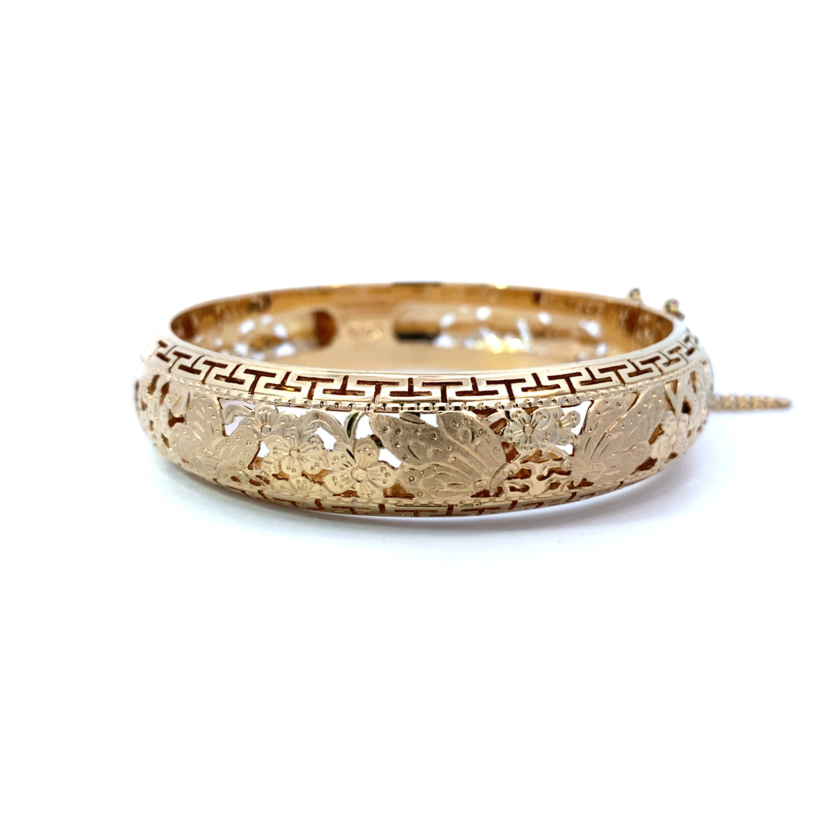 14K Yellow Gold 15mm Butterfly & Plum Blossom Hinge Bangle sz7.75
