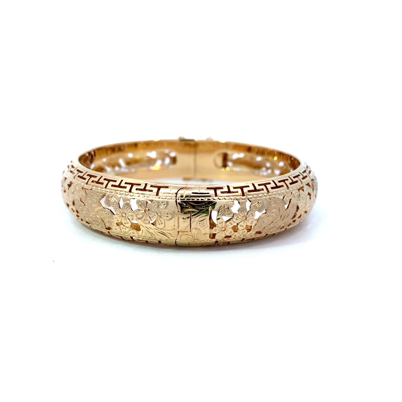 14K Yellow Gold 15mm Butterfly & Plum Blossom Hinge Bangle sz7.75