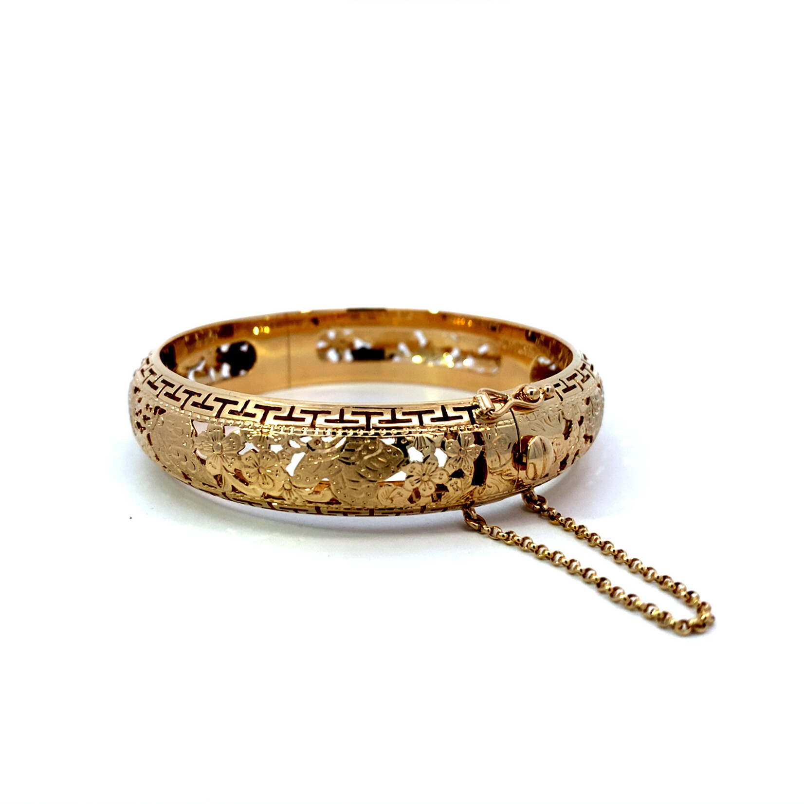 14K Yellow Gold 15mm Butterfly & Plum Blossom Hinge Bangle sz7.75