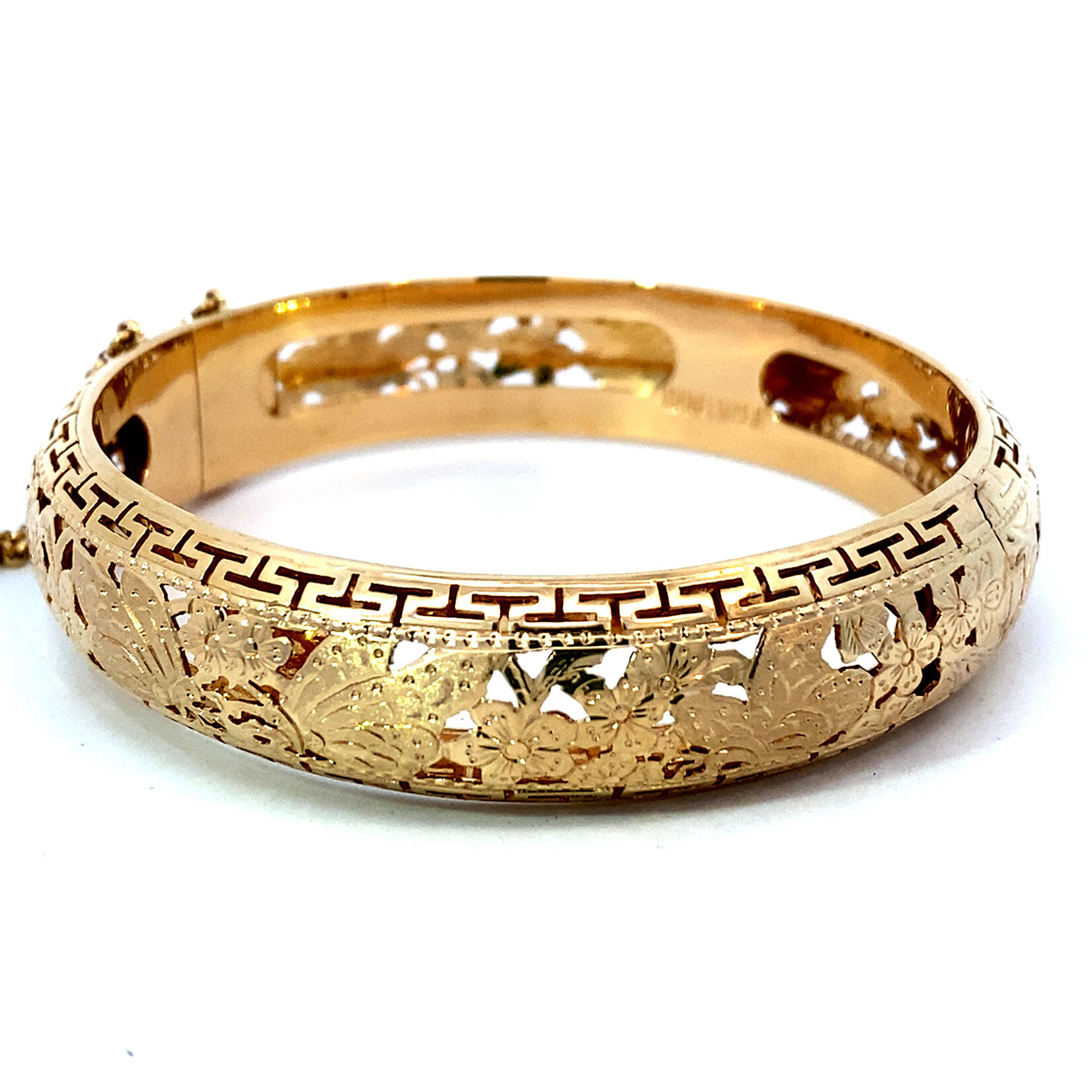 14K Yellow Gold 15mm Butterfly & Plum Blossom Hinge Bangle sz7.75