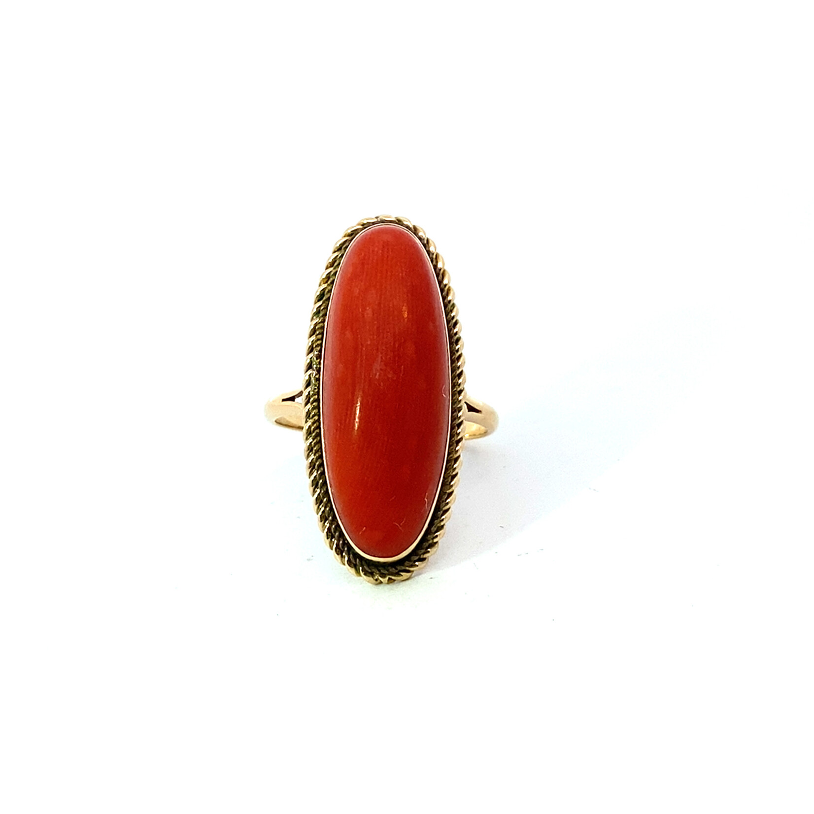 18K Yellow Gold Red Coral Marquise Ring sz6