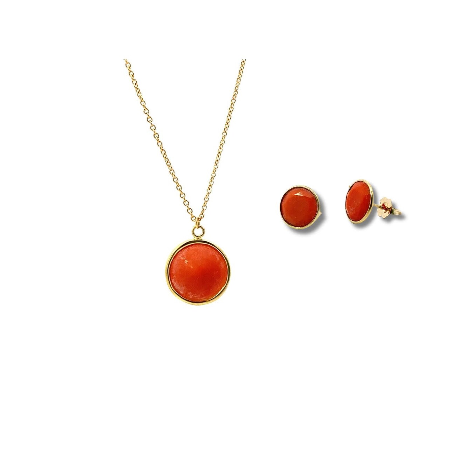 18K Yellow Gold Vintage T&Co Coral Studs with 14" Coral Necklace Set