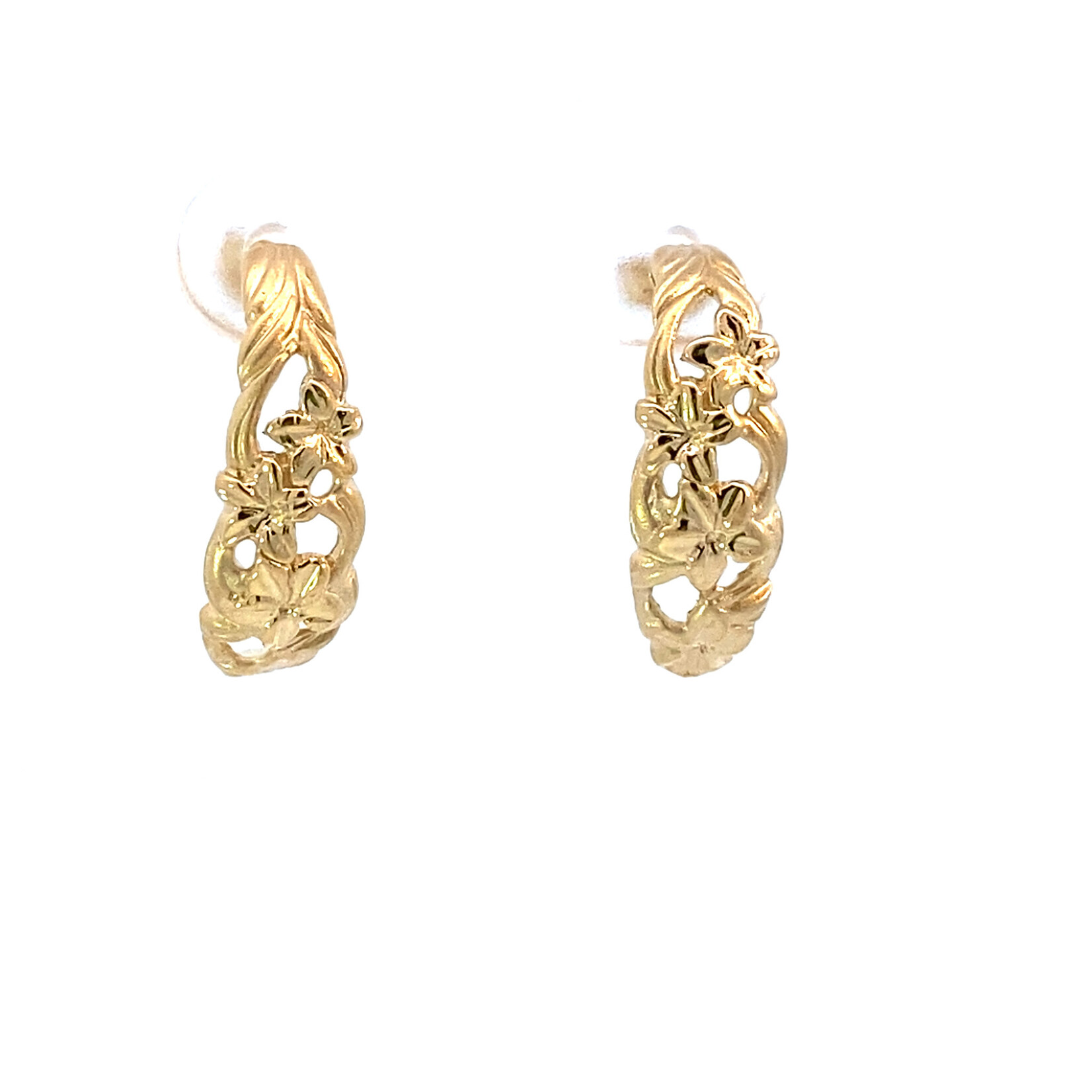 14K Yellow Gold J hoops with Plumeria
