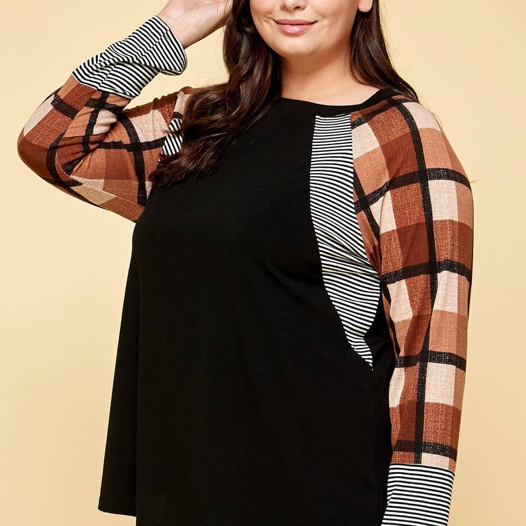 Emerald Plus Size Plaid and Stripe Contrast Top