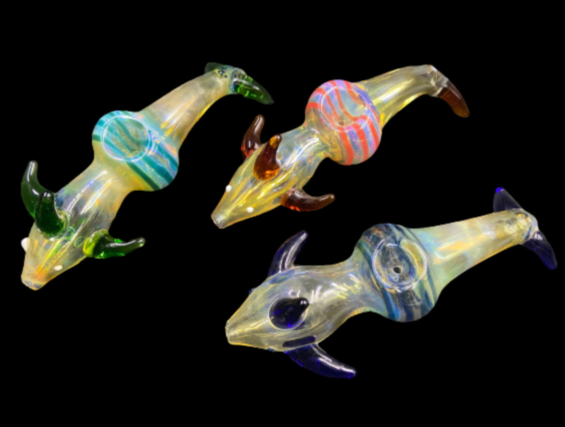 6.5” 120Gr. Colored Fumed Shark Animal Glass Pipe C&J Hammer Hard